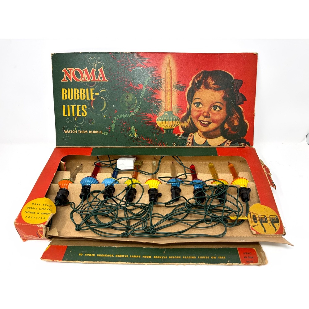 Vintage Noma Bubble-Lites Christmas Tree Lights Set Original Box 9 Lights 1950s